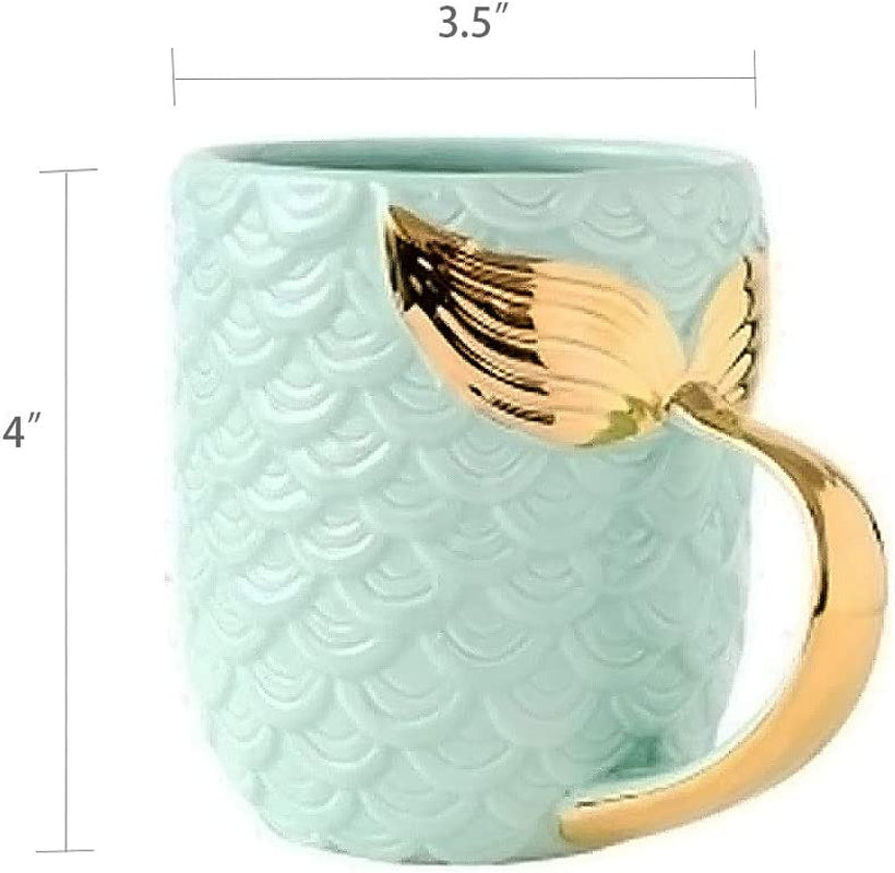 15 Oz Mermaid Mug Ceramic Coffee Mugs Big Cute Cups Cappuccino Teacup Birthday Bridal Shower Engagement Wedding Gifts Soup Mug for Men Women Kids Girls Boys (Gold Handle Blue Mermaid Tail)