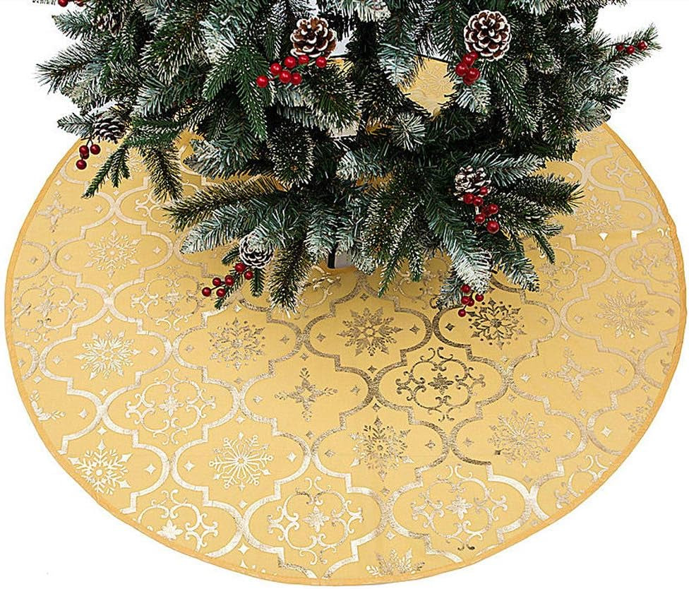 Yellow Christmas Tree Skirt, 48 Inches Large Red Flannel Tree Mat with Gilded Christmas Patterns Skirt for Xmas Tree Holiday Party Decorations Indoor Outdoor with 1 Christmas Stocking (Yellow)