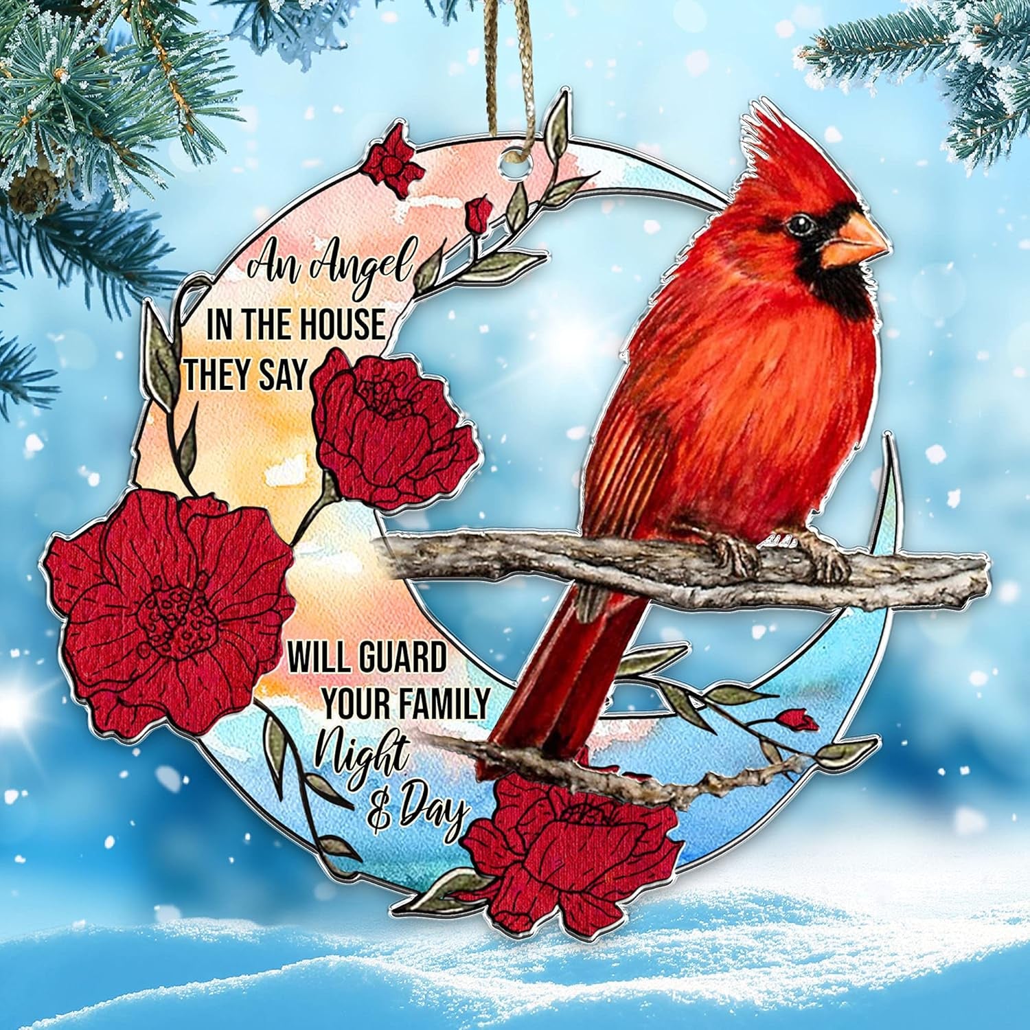 Cardinal Christmas Tree Ornaments Father'S Day - Birthday Gifts - an Angel in the House They Say Will Guard Your Family Night and Day Red Bird Xmas Memorial Gift - Car Hanging Ornament