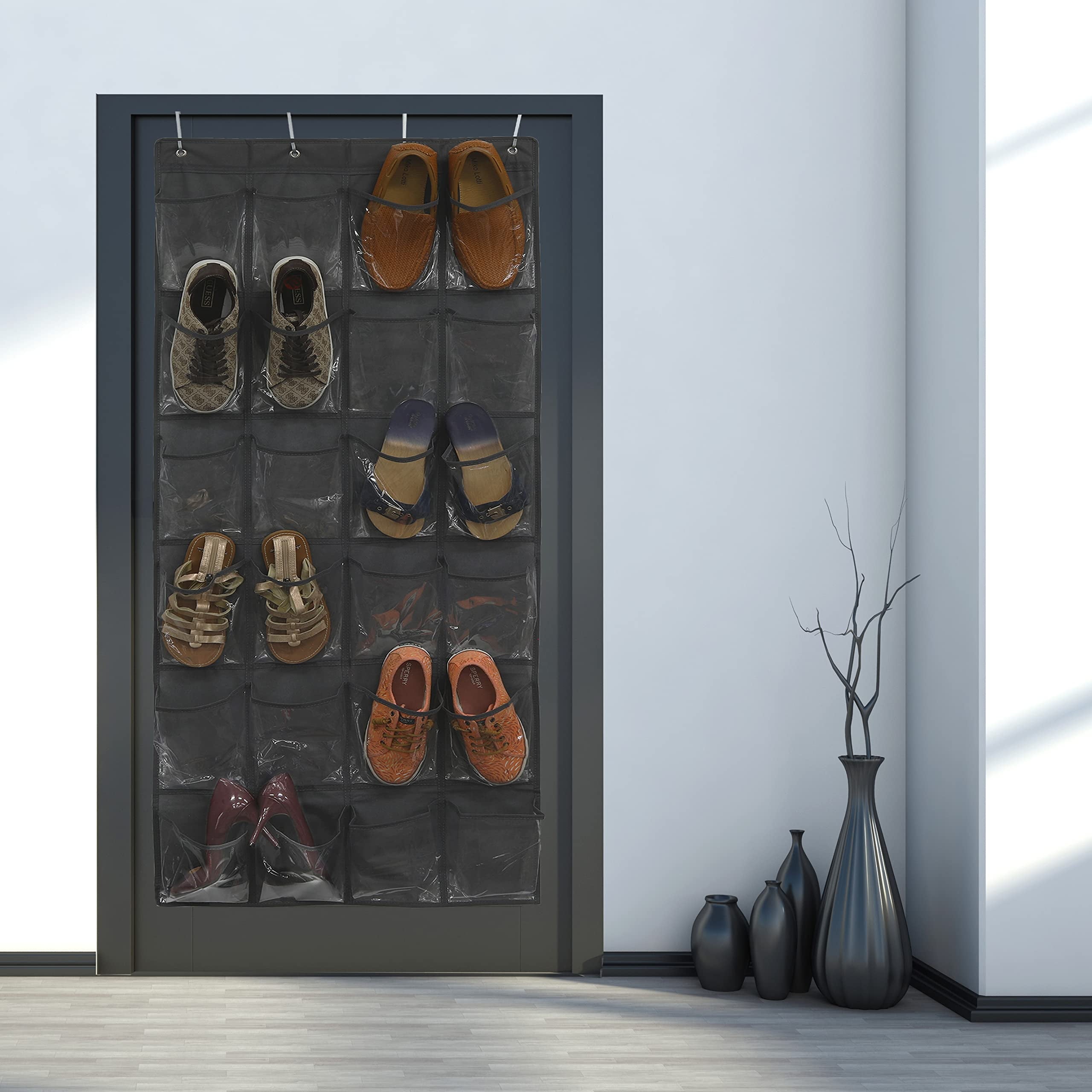 Crystal Clear over the Door Hanging Shoe Organizer, Large Pockets, 24 Pockets, Dark Gray