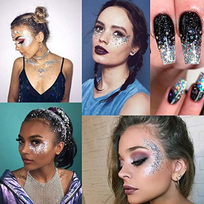 Silver Holographic Chunky Glitter Cosmetic Body Hair Face Eye Nail for Festival Carnival Concert Party Beauty Rave Accessories Different Sizes&Shapes 2 Pots 14G/0.5Oz+ Quick Dry Primer Glue Gel