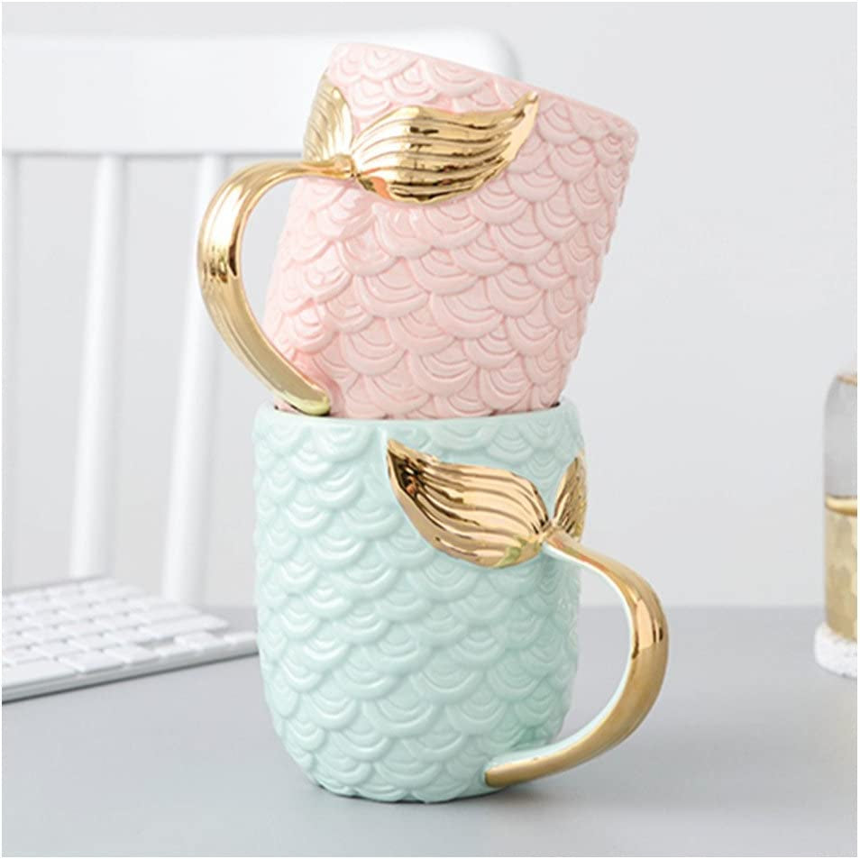 15 Oz Mermaid Mug Ceramic Coffee Mugs Big Cute Cups Cappuccino Teacup Birthday Bridal Shower Engagement Wedding Gifts Soup Mug for Men Women Kids Girls Boys (Gold Handle Blue Mermaid Tail)