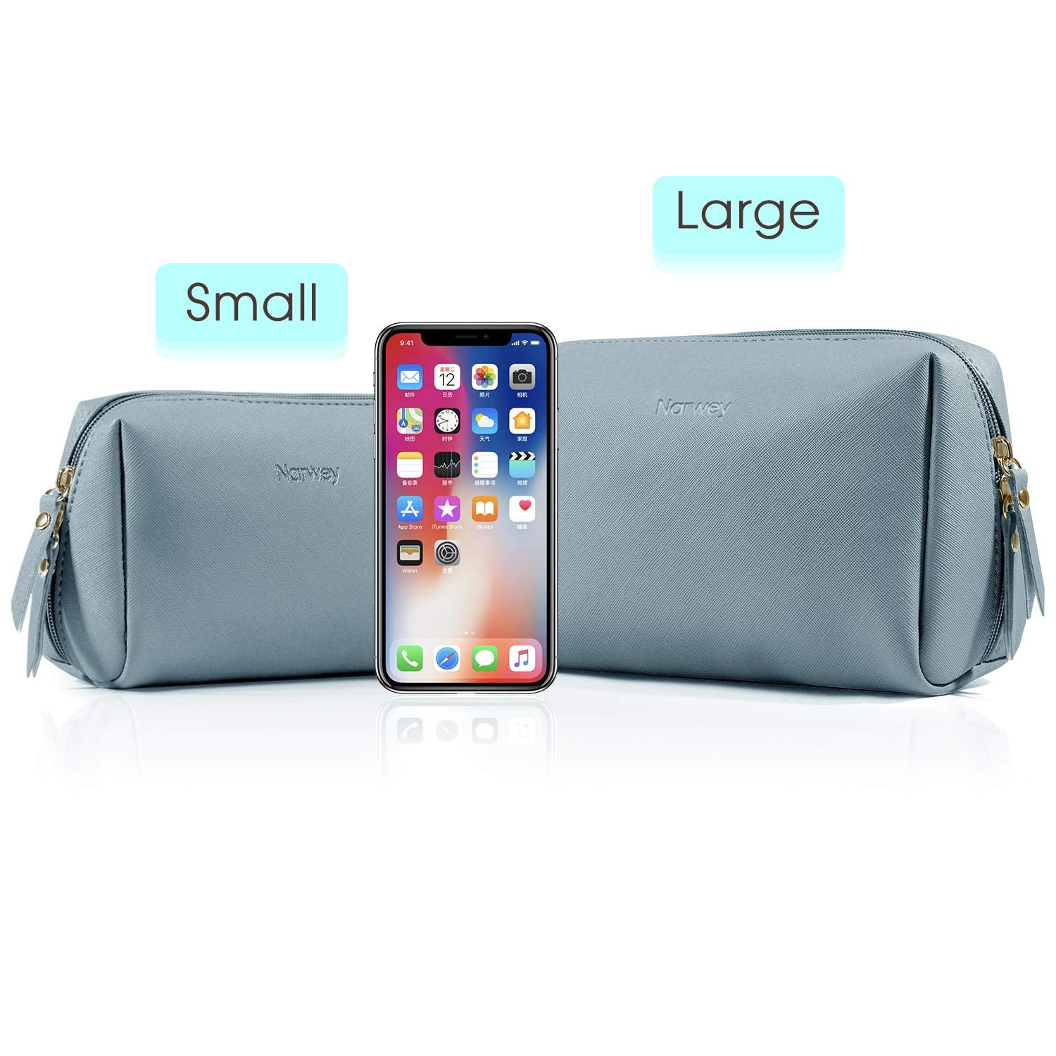 Large Vegan Leather Makeup Bag Zipper Pouch Travel Cosmetic Organizer for Women (Large, Greyish Blue)