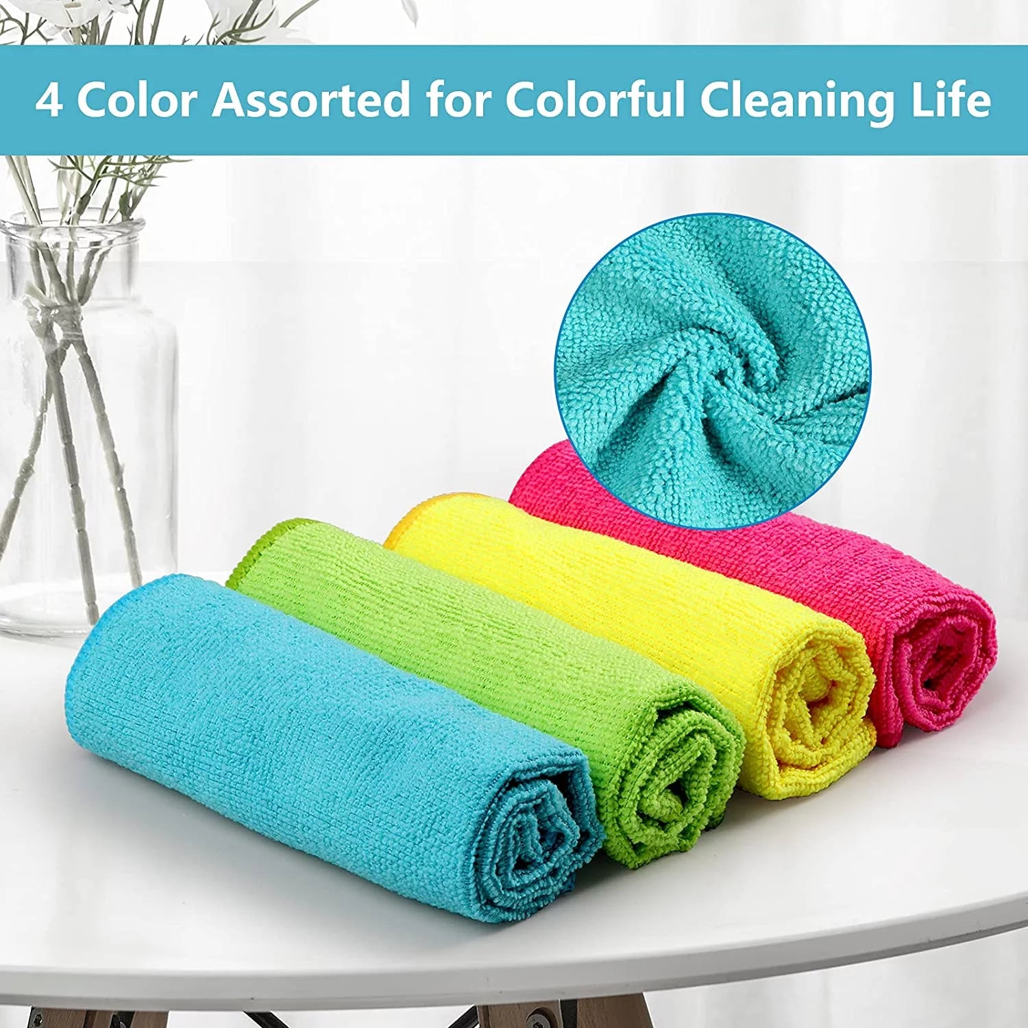 Microfiber Cleaning Cloth,12 Pack Cleaning Rag,Cleaning Towels with 4 Color Assorted,12"X12"(Green/Blue/Yellow/Pink)