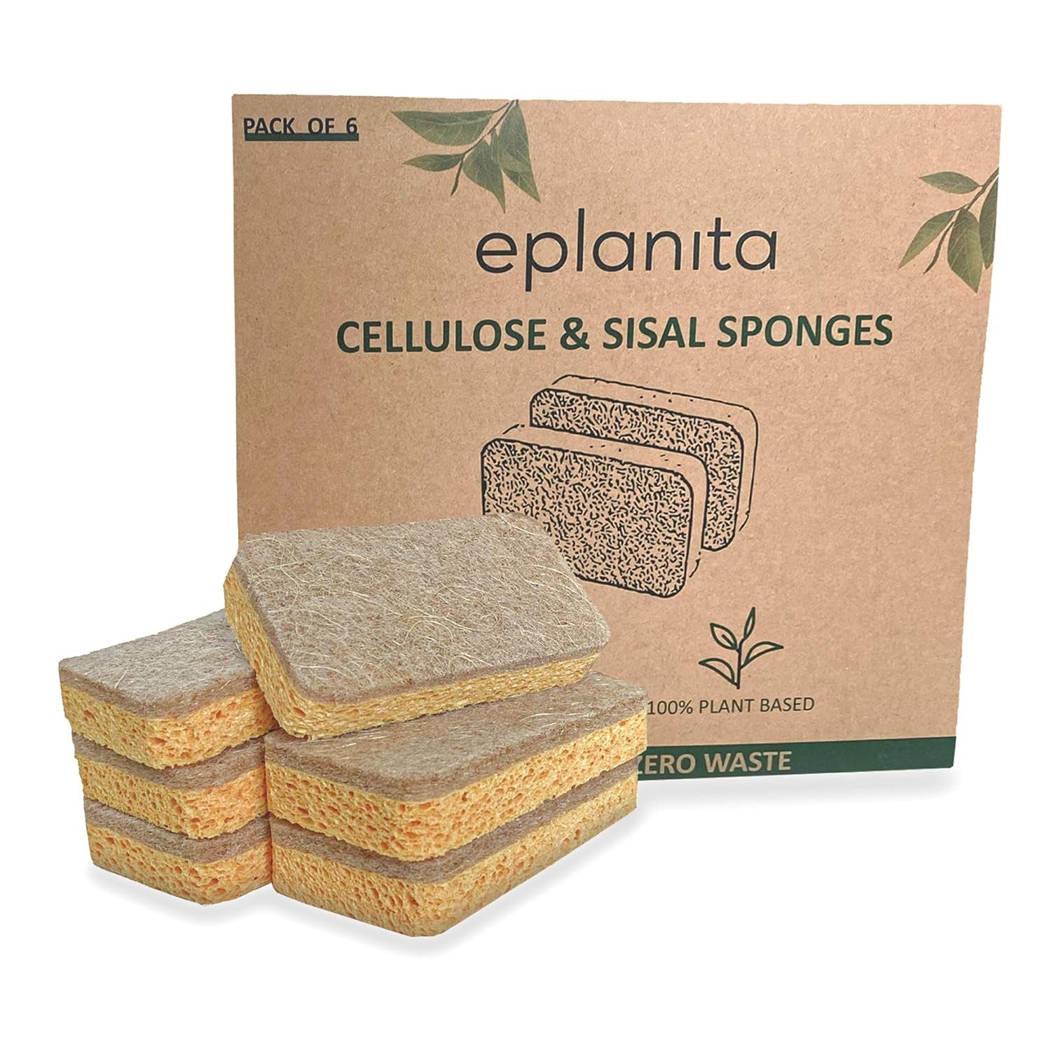 Natural Plant Based Scrub Sponges (3 Pack), Non-Scratch, Biodegradable Eco Scourers for Kitchen and Bathroom