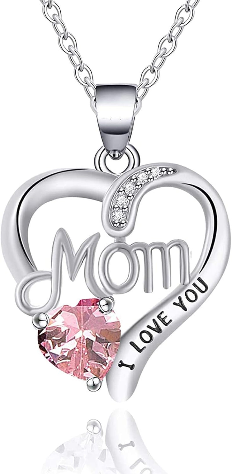 I LOVE YOU Mom Birth Stones Necklace, Silver Love Heart Pendant Necklace for Mom, Necklace Gift for Mother with 18''+2'' Chain