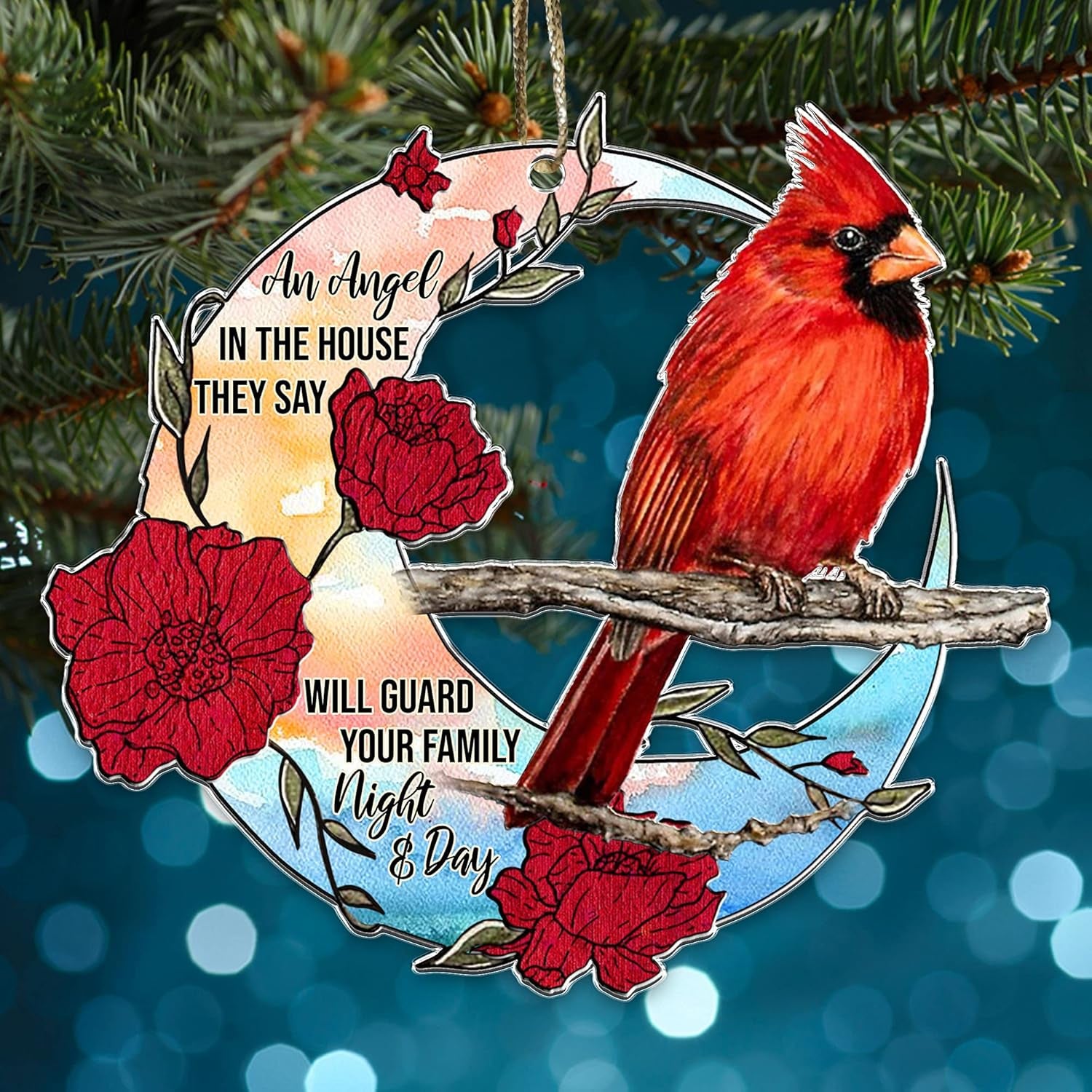 Cardinal Christmas Tree Ornaments Father'S Day - Birthday Gifts - an Angel in the House They Say Will Guard Your Family Night and Day Red Bird Xmas Memorial Gift - Car Hanging Ornament