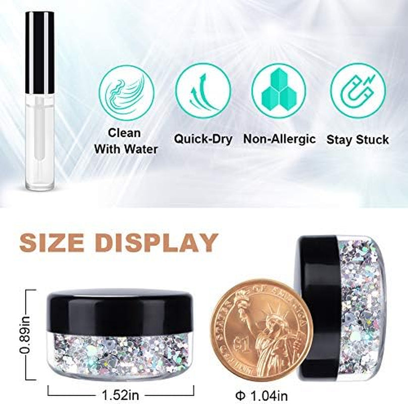 Silver Holographic Chunky Glitter Cosmetic Body Hair Face Eye Nail for Festival Carnival Concert Party Beauty Rave Accessories Different Sizes&Shapes 2 Pots 14G/0.5Oz+ Quick Dry Primer Glue Gel