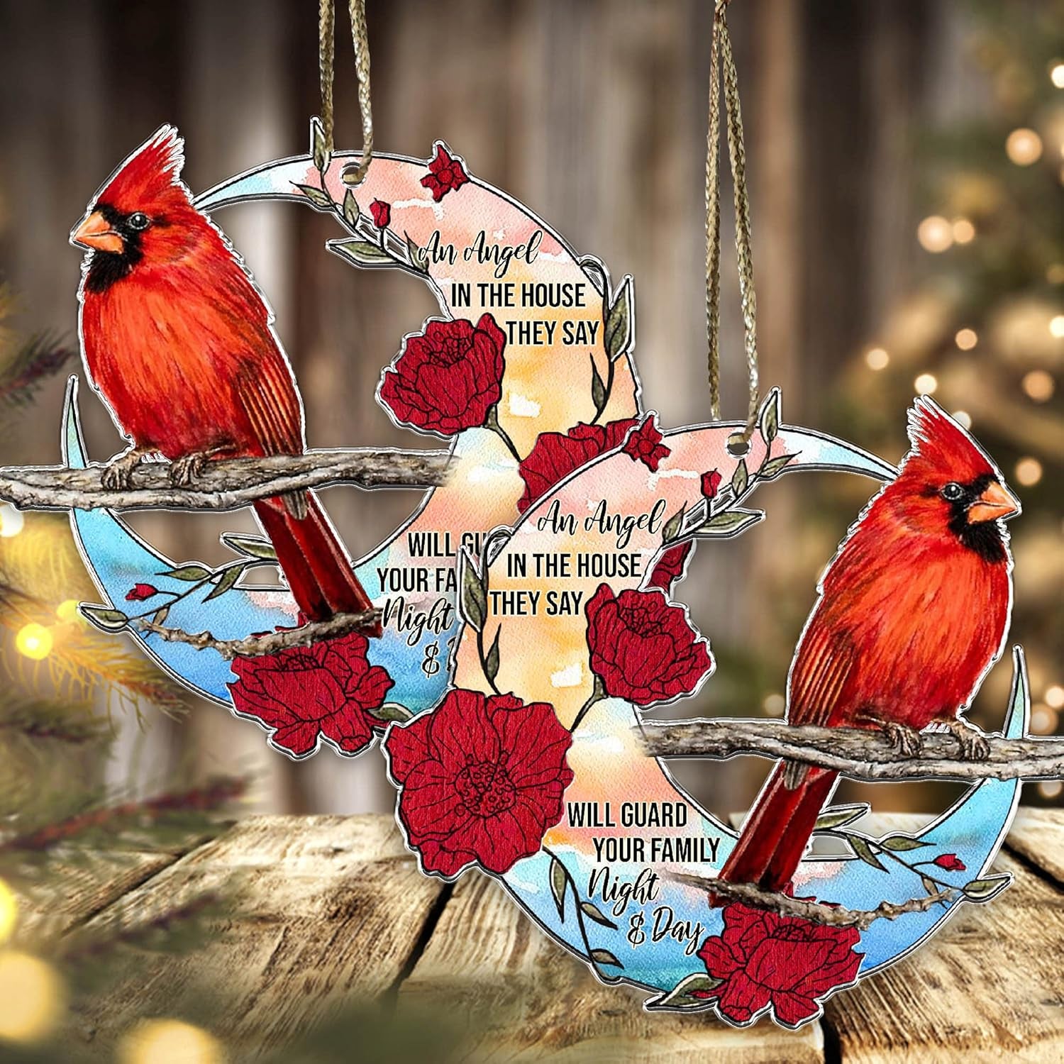 Cardinal Christmas Tree Ornaments Father'S Day - Birthday Gifts - an Angel in the House They Say Will Guard Your Family Night and Day Red Bird Xmas Memorial Gift - Car Hanging Ornament