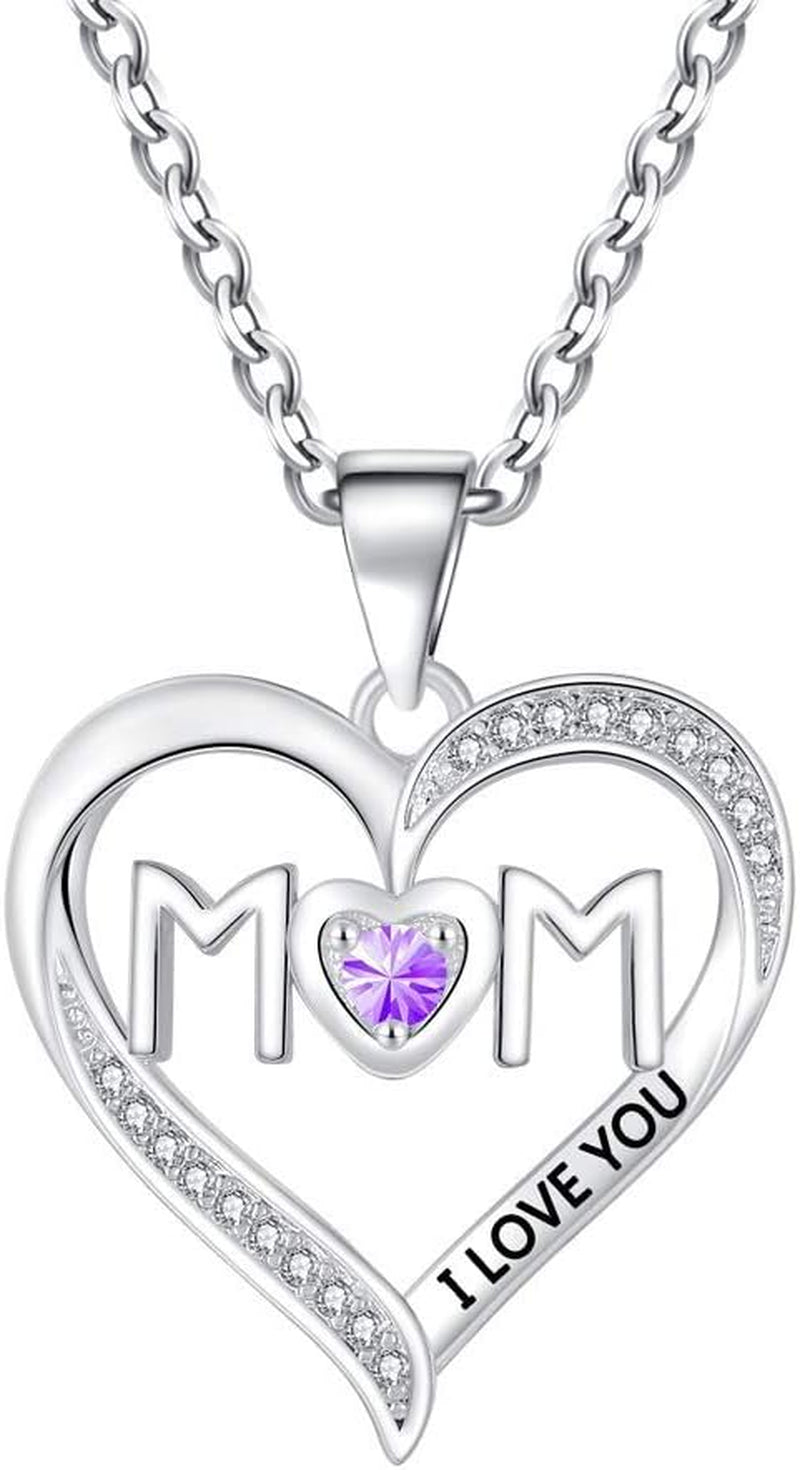 I LOVE YOU Mom Birth Stones Necklace, Silver Love Heart Pendant Necklace for Mom, Necklace Gift for Mother with 18''+2'' Chain