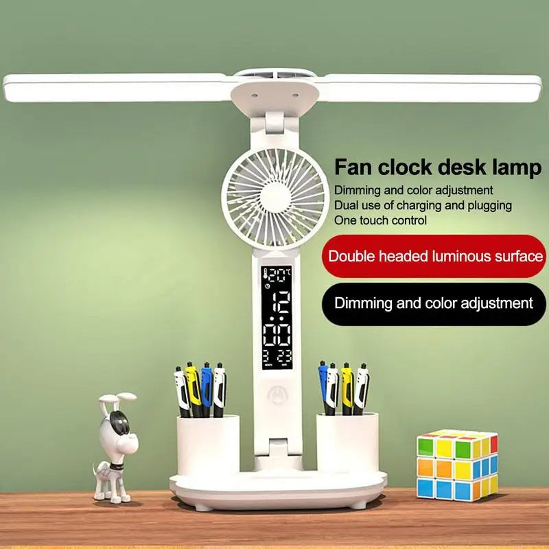 Foldable LED Table Light Eye Protection Multifunction Desk Lamp With Thermometer Calendar Fan Pen Holder Study Reading Fan Light Devogue