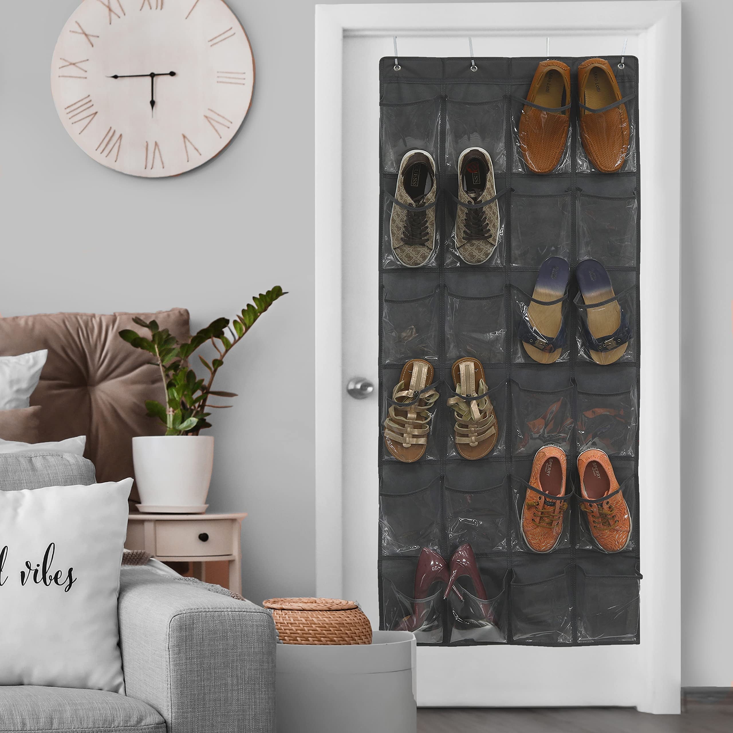 Crystal Clear over the Door Hanging Shoe Organizer, Large Pockets, 24 Pockets, Dark Gray