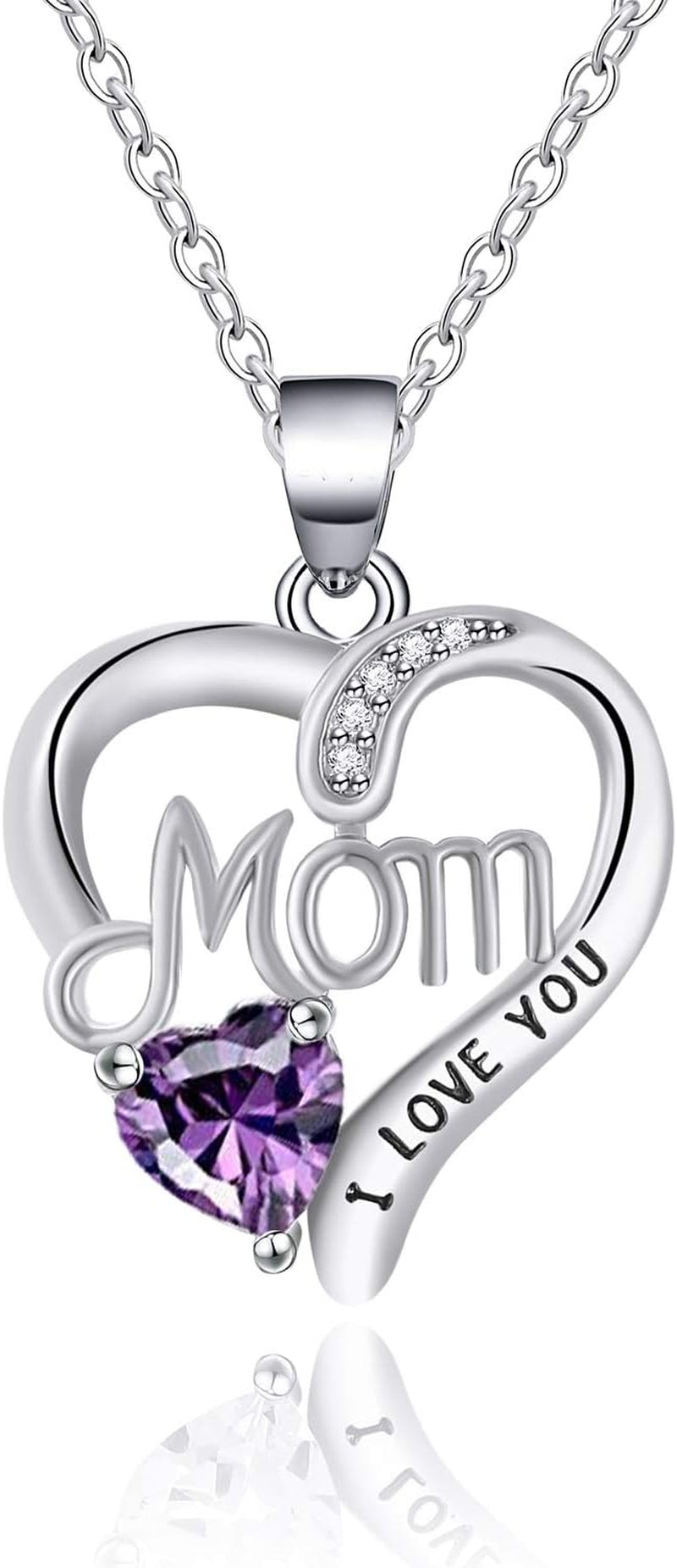 I LOVE YOU Mom Birth Stones Necklace, Silver Love Heart Pendant Necklace for Mom, Necklace Gift for Mother with 18''+2'' Chain