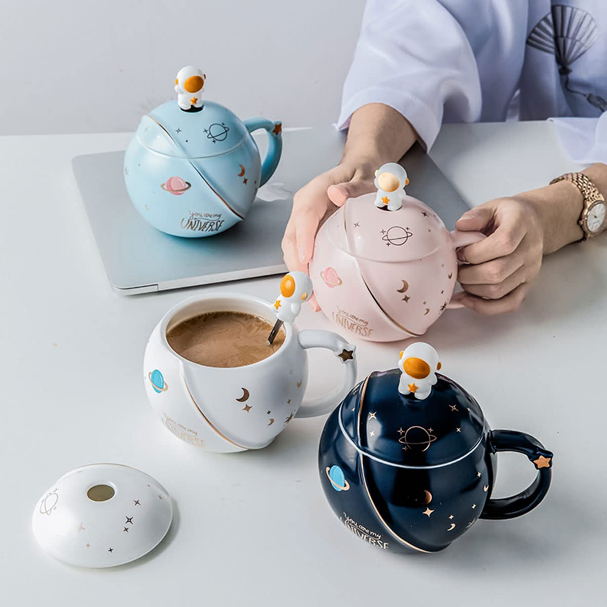 - Cute Astronaut Mug with Lid and Spoon, Kawaii Cup Novelty Mug for Coffee, Tea and Milk, Blue, 450Ml/15Oz