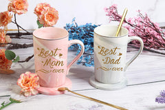 Best Mom and Dad Coffee Mugs Best Dad and Mom Mug Birthday Mothers Day Fathers Day Mugs for Mom Dad from Daughter Son New Parent Mug 14 Ounce Gift Box with Spoon and Mug Mat Pink and Gray