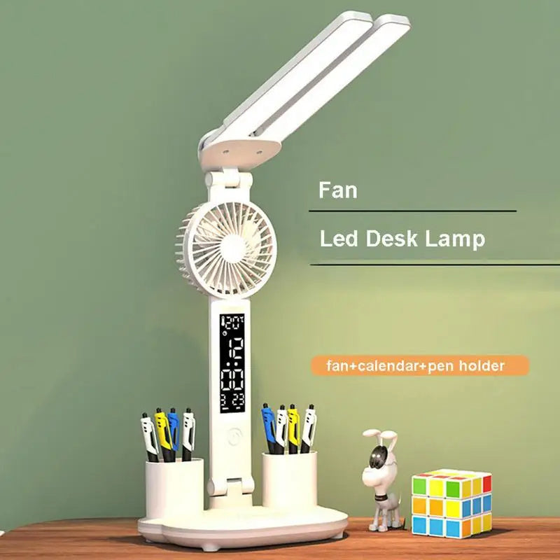 Foldable LED Table Light Eye Protection Multifunction Desk Lamp With Thermometer Calendar Fan Pen Holder Study Reading Fan Light Devogue