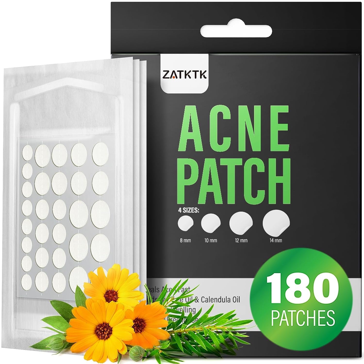 Acne Pimple Patch (180 Counts 4 Sizes), Invisible Hydrocolloid Acne Patch with Tea Tree Oil & Calendula Oil, Acne Spot Patch Zit Patches for Face