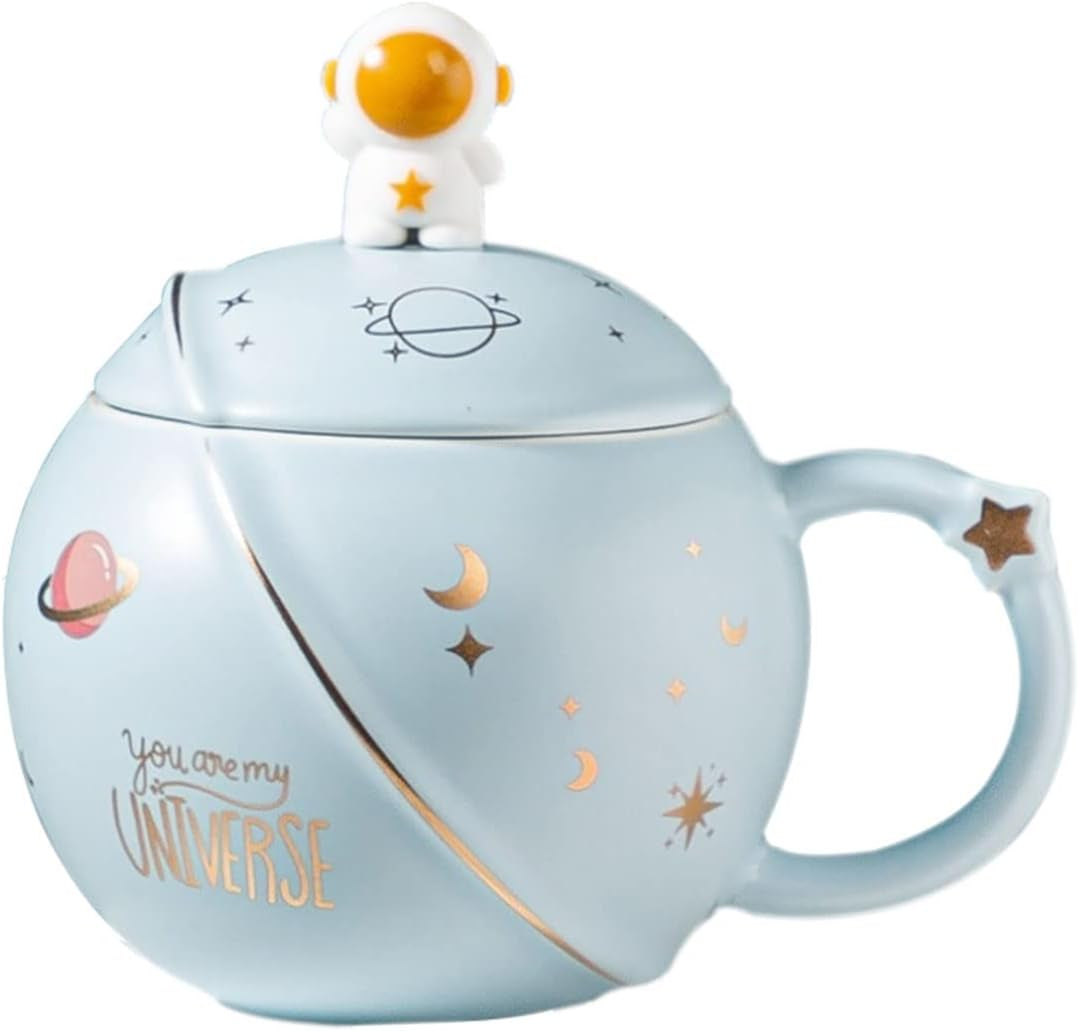 - Cute Astronaut Mug with Lid and Spoon, Kawaii Cup Novelty Mug for Coffee, Tea and Milk, Blue, 450Ml/15Oz