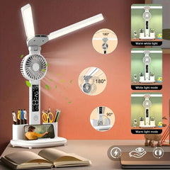 Foldable LED Table Light Eye Protection Multifunction Desk Lamp With Thermometer Calendar Fan Pen Holder Study Reading Fan Light Devogue