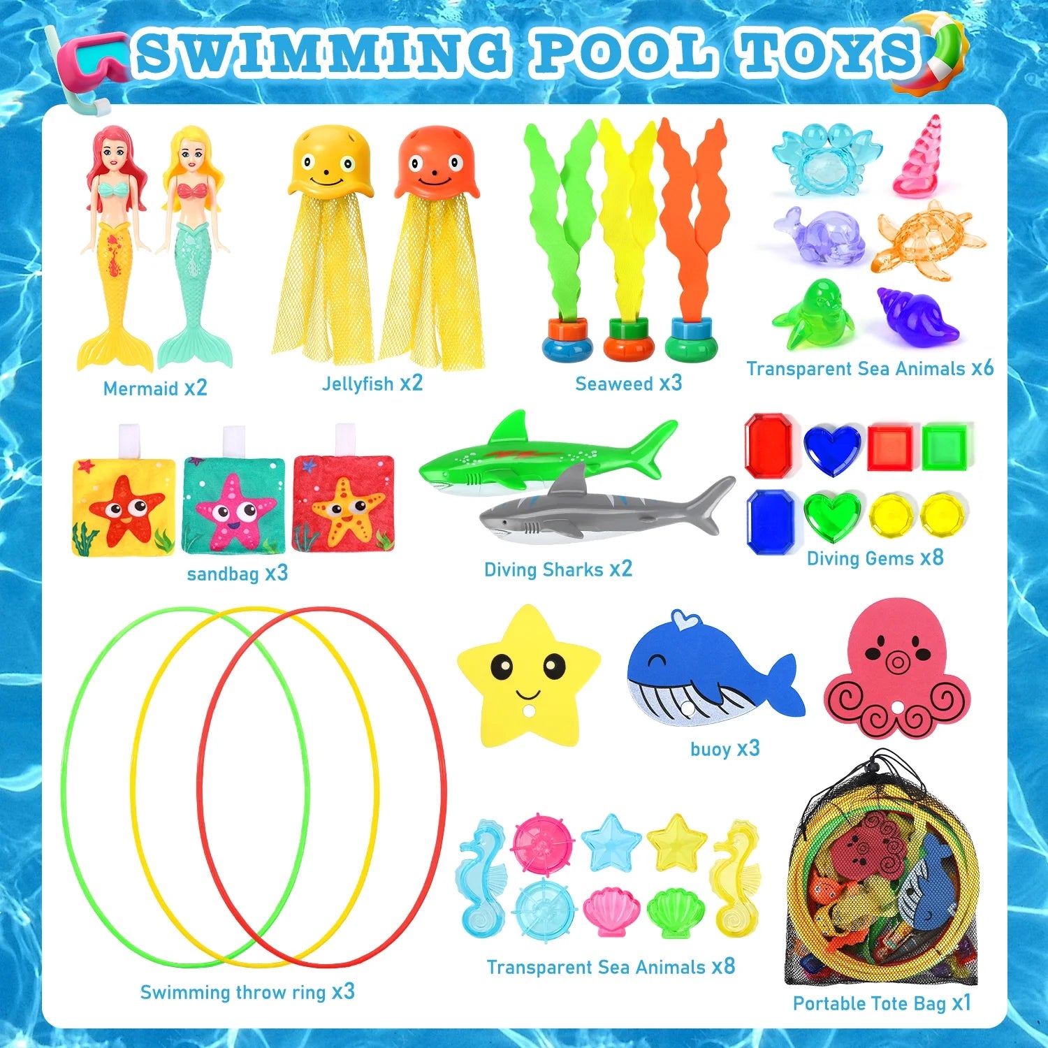 35Pcs Diving Toys, Swimming Pool Toys for Kids with a Storage Net Bag, Underwater Toys,Water Toys Swim Learning & Diving Skill Development for Kids