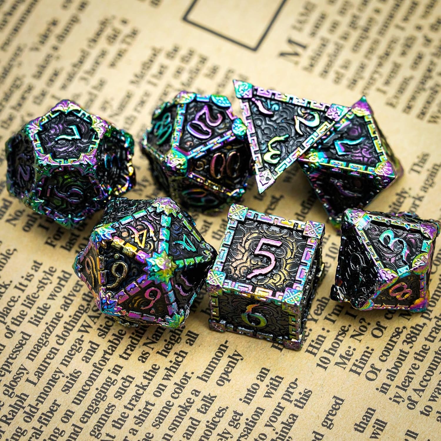 Metal Dice with Metal Box, 7 Pcs DND Metal Dice, Dagger Design Polyhedral Dice Set, for Role Playing Game D&D Dice MTG Pathfinder (Colorful Black)