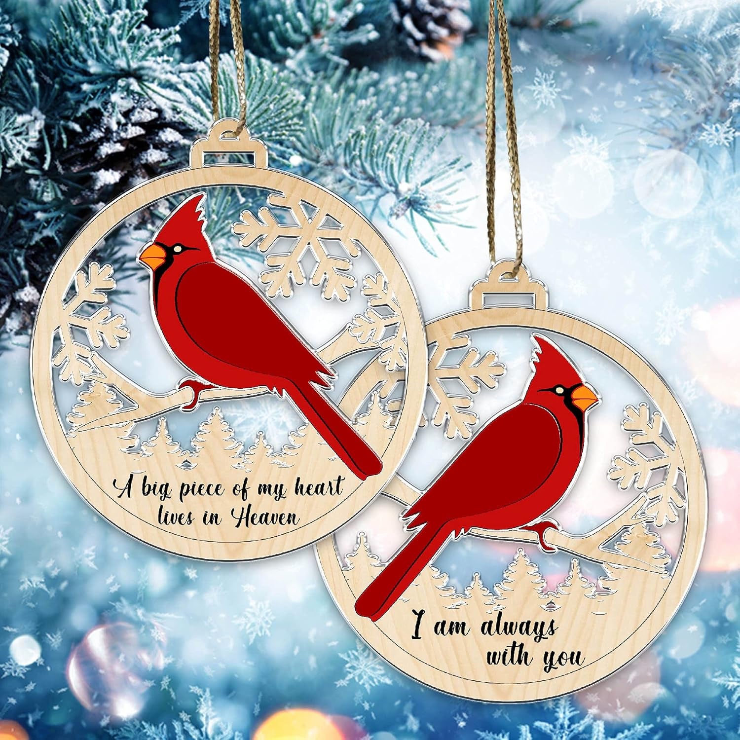 1Pcs -2 Side  Cardinal Christmas Tree Ornaments a Big Piece of My Heart Lives in Heaven Red Bird Xmas Memorial Gift - 01 Peace of 02 Side Printed Ornament