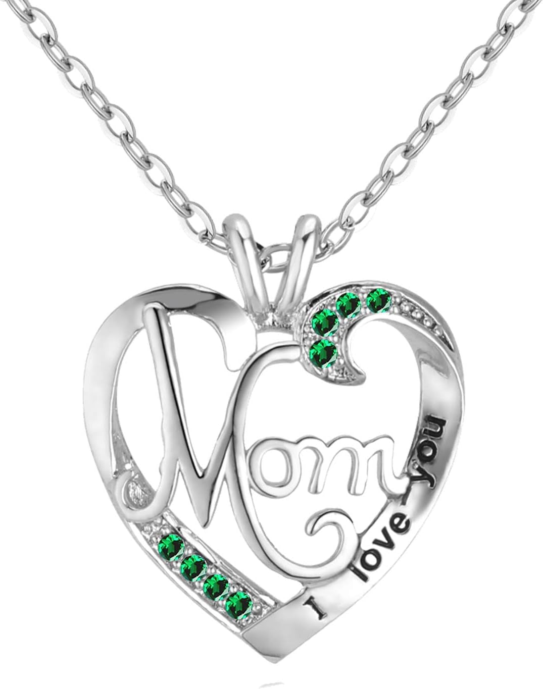 I LOVE YOU Mom Birth Stones Necklace, Silver Love Heart Pendant Necklace for Mom, Necklace Gift for Mother with 18''+2'' Chain