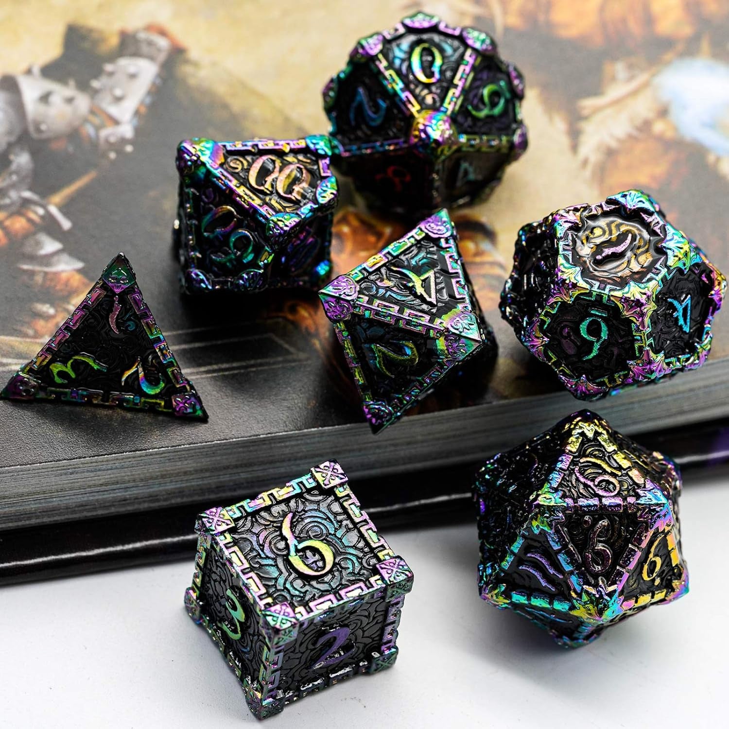 Metal Dice with Metal Box, 7 Pcs DND Metal Dice, Dagger Design Polyhedral Dice Set, for Role Playing Game D&D Dice MTG Pathfinder (Colorful Black)