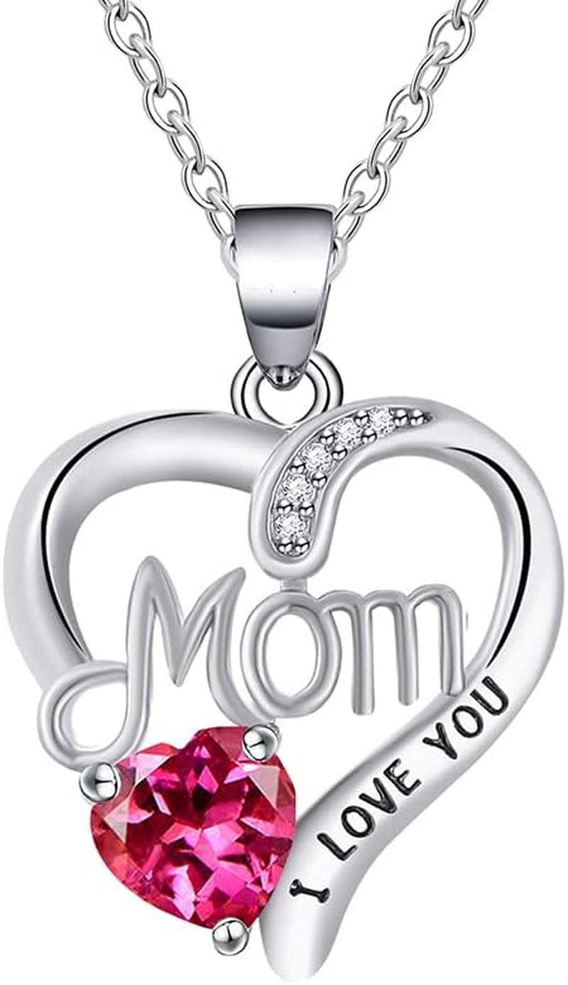 I LOVE YOU Mom Birth Stones Necklace, Silver Love Heart Pendant Necklace for Mom, Necklace Gift for Mother with 18''+2'' Chain