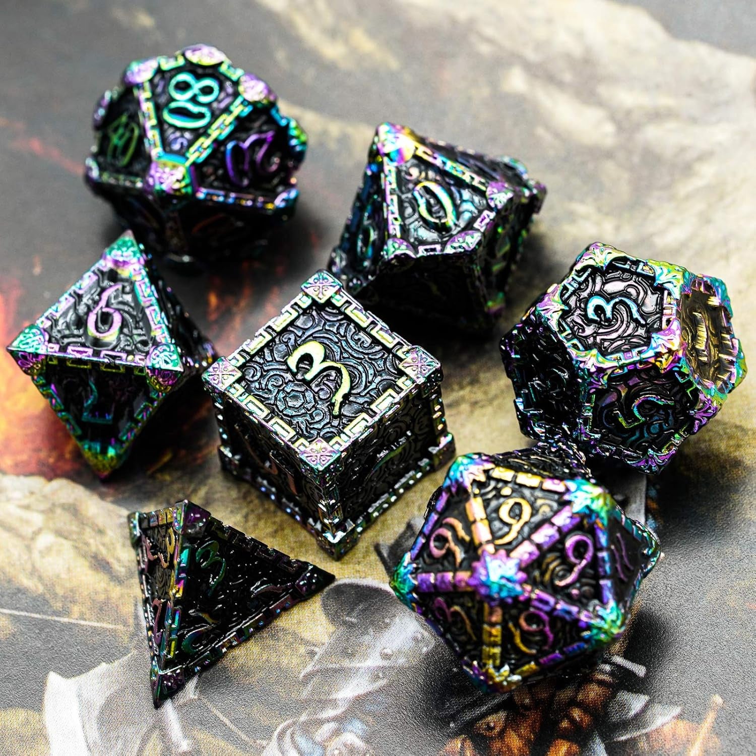 Metal Dice with Metal Box, 7 Pcs DND Metal Dice, Dagger Design Polyhedral Dice Set, for Role Playing Game D&D Dice MTG Pathfinder (Colorful Black)