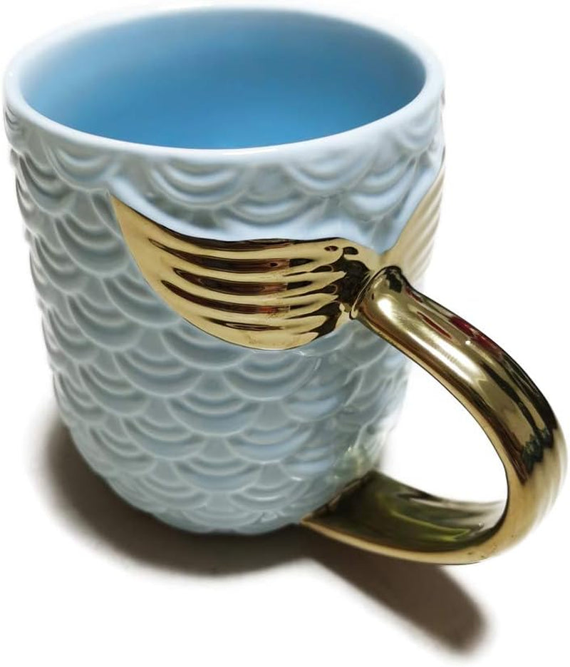 15 Oz Mermaid Mug Ceramic Coffee Mugs Big Cute Cups Cappuccino Teacup Birthday Bridal Shower Engagement Wedding Gifts Soup Mug for Men Women Kids Girls Boys (Gold Handle Blue Mermaid Tail)