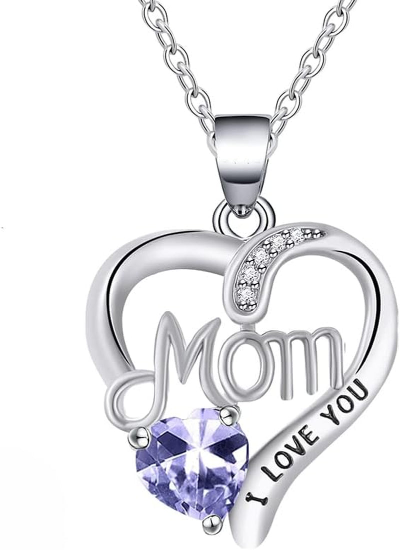 I LOVE YOU Mom Birth Stones Necklace, Silver Love Heart Pendant Necklace for Mom, Necklace Gift for Mother with 18''+2'' Chain