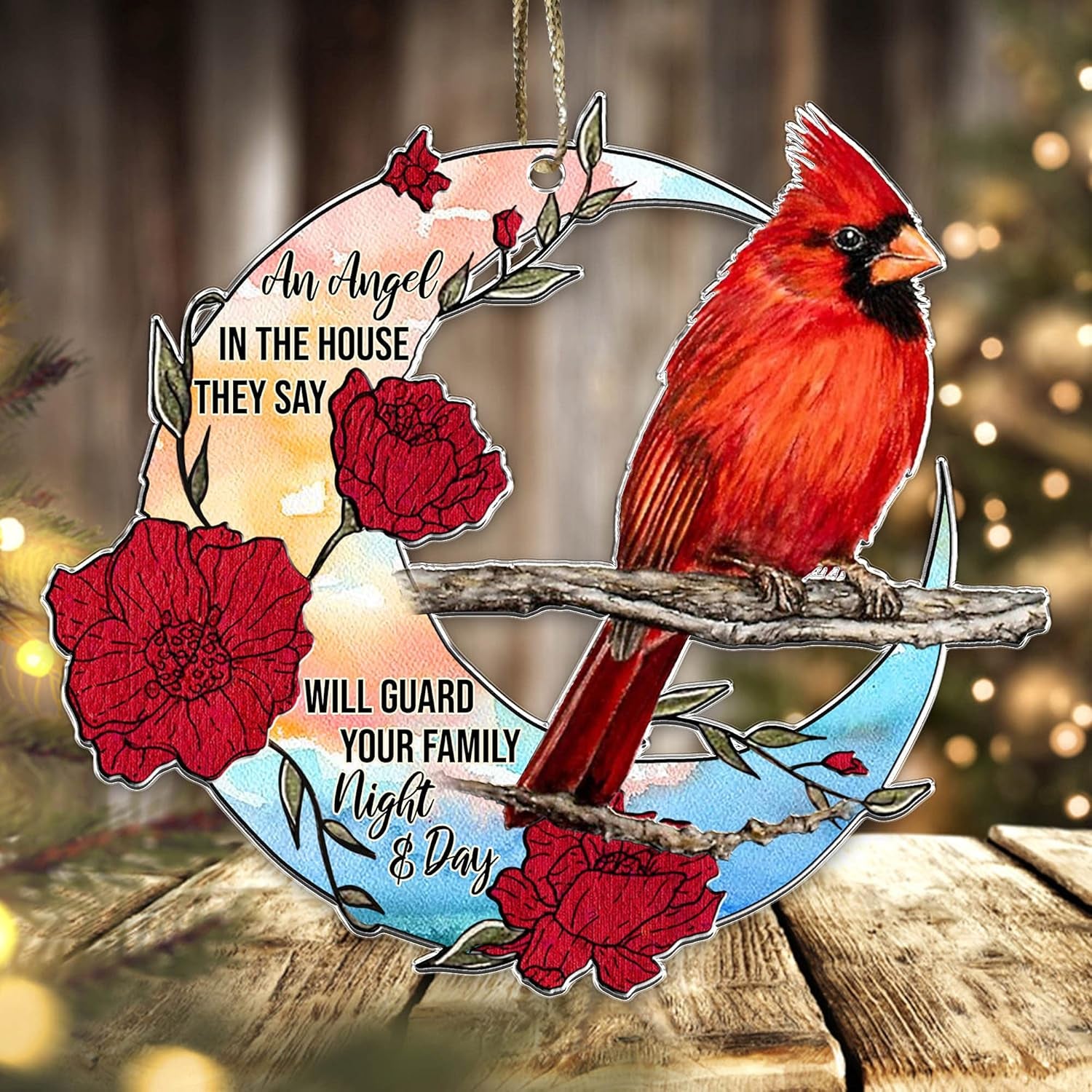 Cardinal Christmas Tree Ornaments Father'S Day - Birthday Gifts - an Angel in the House They Say Will Guard Your Family Night and Day Red Bird Xmas Memorial Gift - Car Hanging Ornament