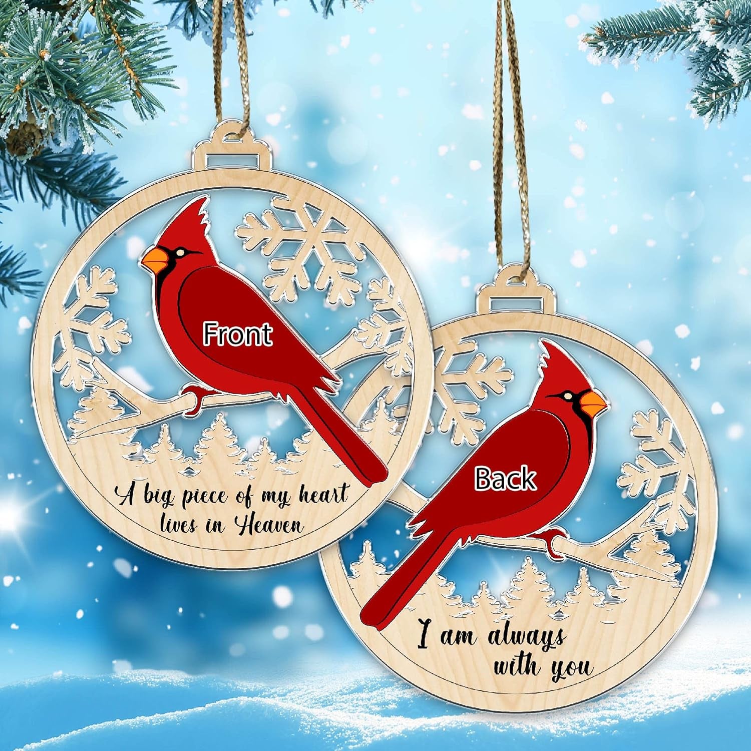 1Pcs -2 Side  Cardinal Christmas Tree Ornaments a Big Piece of My Heart Lives in Heaven Red Bird Xmas Memorial Gift - 01 Peace of 02 Side Printed Ornament