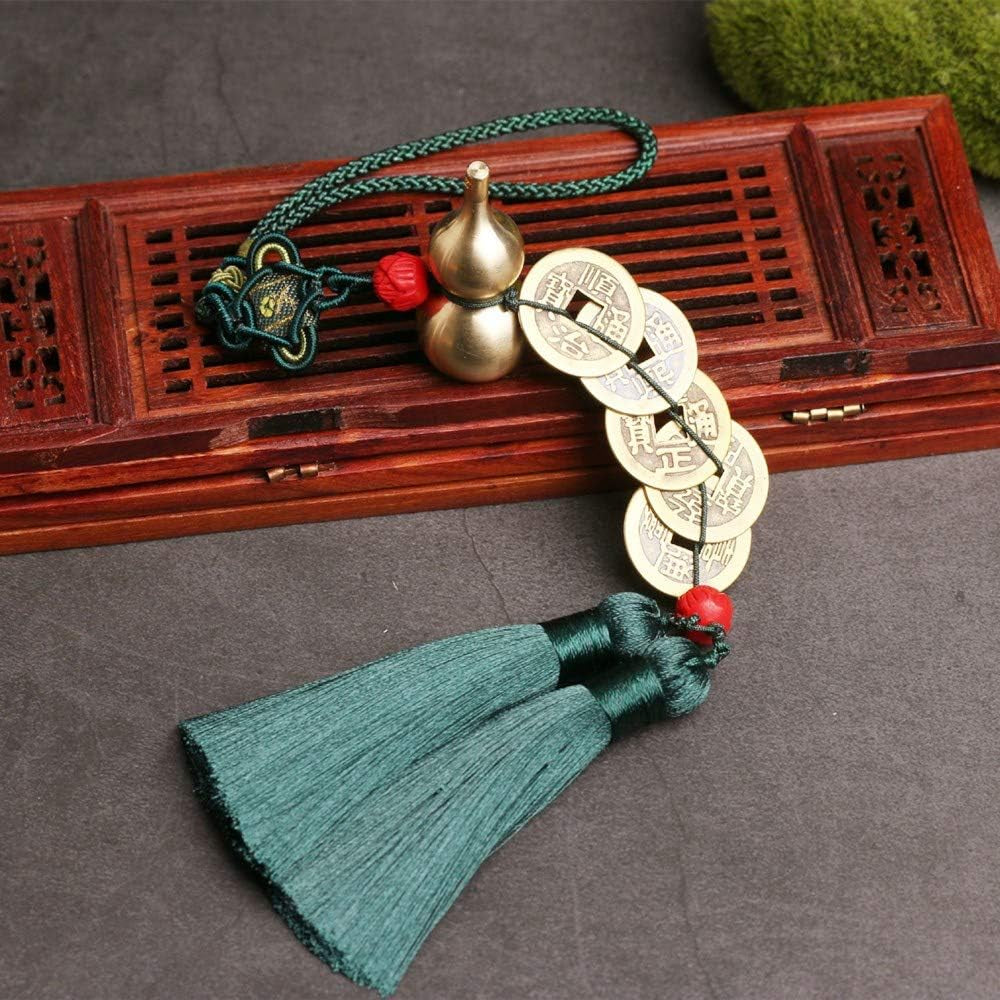 Feng Shui Coins with Brass Calabash for Wealth and Safe, Pendant Coins for Success, Ward off Evil, Protect Peace - Also Can Used as Wind Chimes, Car Interiors，Bag Ornaments(Green Lucky Coin)