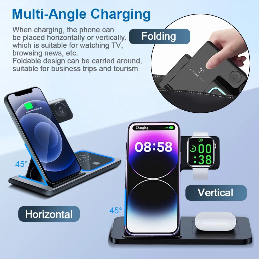 3-In-1 Wireless Charging Station 15W Fast Wireless Charging Base for Iphone15/14/13/12/11/Pro, Iwatch, Airpods Pro, Qi Standard Mobile Phones, Foldable Wireless Charging Stand Black