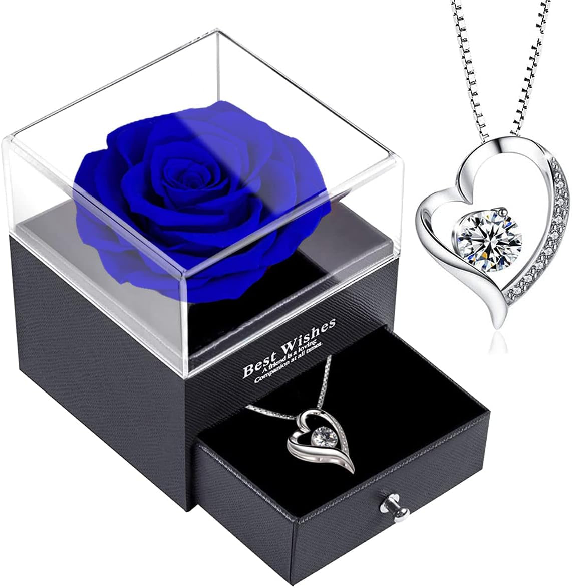 Forever Blue Rose Gift Box with Necklace - Real Eternal Rose with 925 Sterling Silver Women Necklace Inside,Enchanted Real Rose Flower for Valentine'S Day Anniversary Wedding Romantic Gifts for Her.