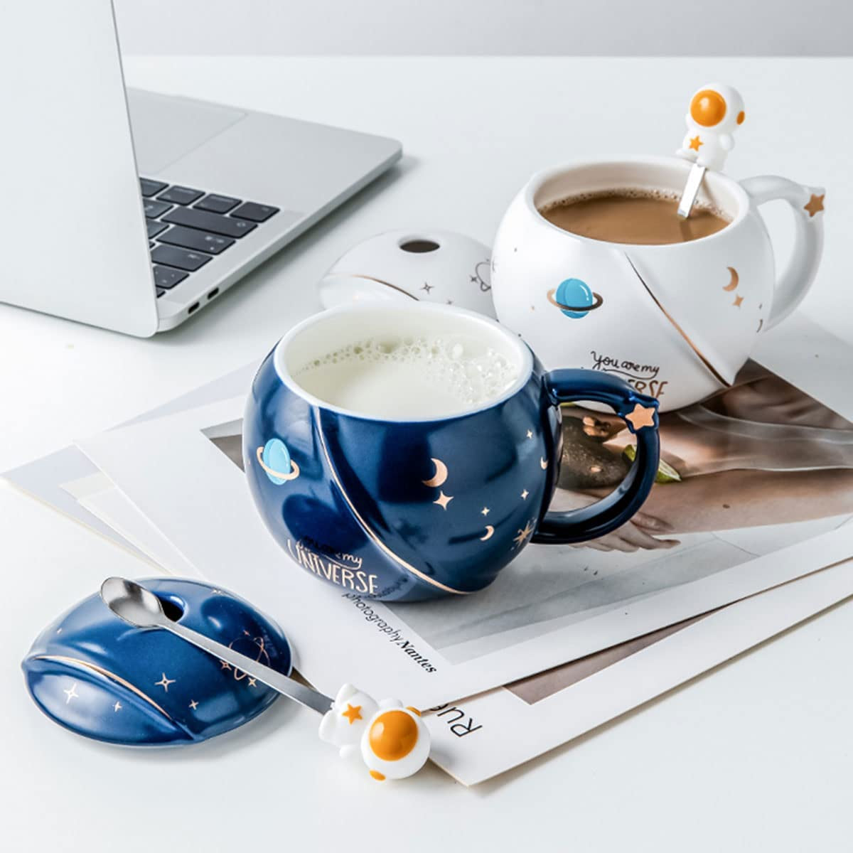 - Cute Astronaut Mug with Lid and Spoon, Kawaii Cup Novelty Mug for Coffee, Tea and Milk, Blue, 450Ml/15Oz