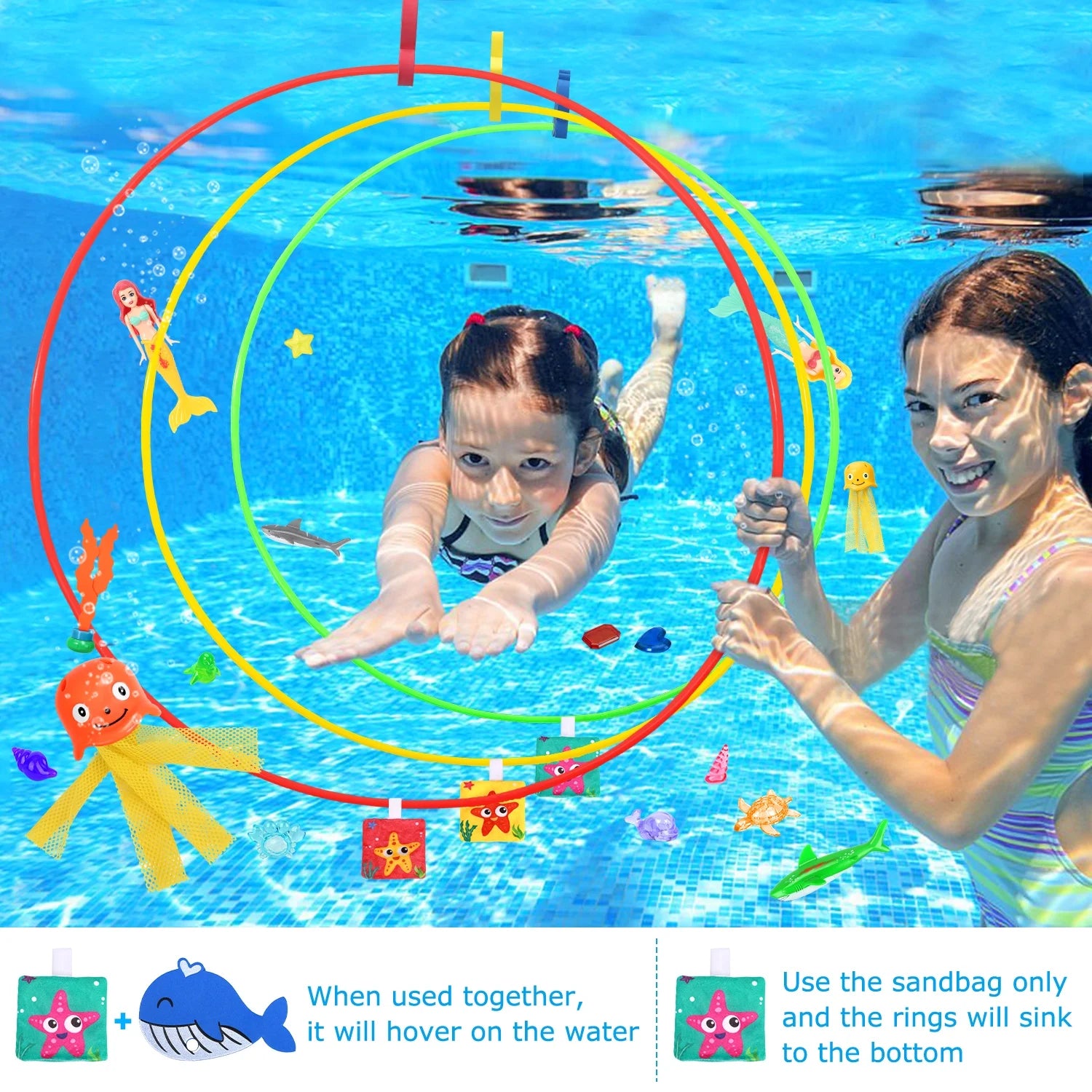 35Pcs Diving Toys, Swimming Pool Toys for Kids with a Storage Net Bag, Underwater Toys,Water Toys Swim Learning & Diving Skill Development for Kids