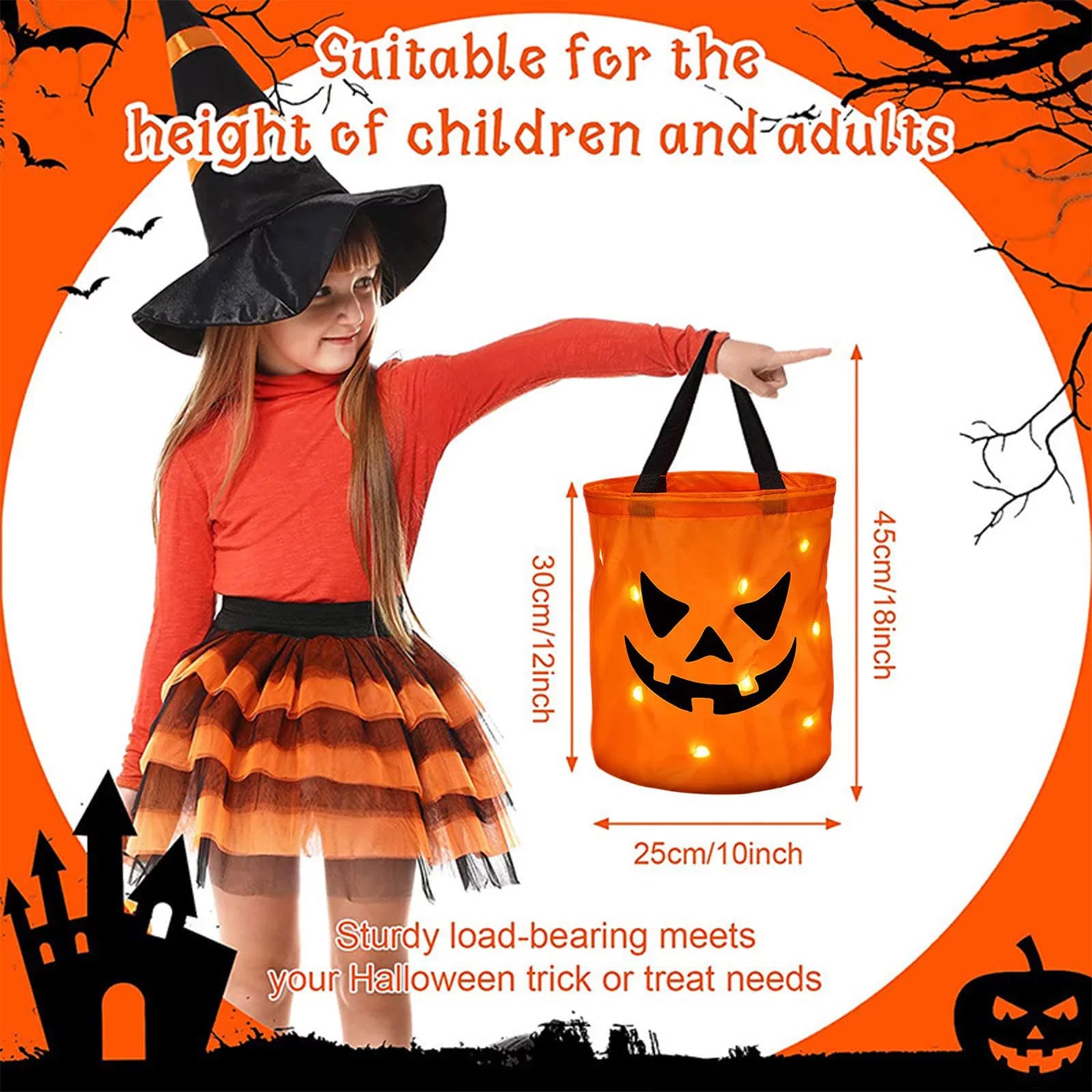 Halloween Candy Bags with LED Light Trick or Treat Bags Halloween Party Bags with Grimace Multipurpose Reusable Bucket