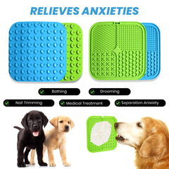 Devogue Lick Mats for Dogs & Cats - 2 Pack Licking Pad with Suction Cups for Dog Anxiety Relief, Slow Feeder Dog Bowls, Perfect for Bathing Grooming and Training (Green/Blue + Spatula & Brush) Devogue