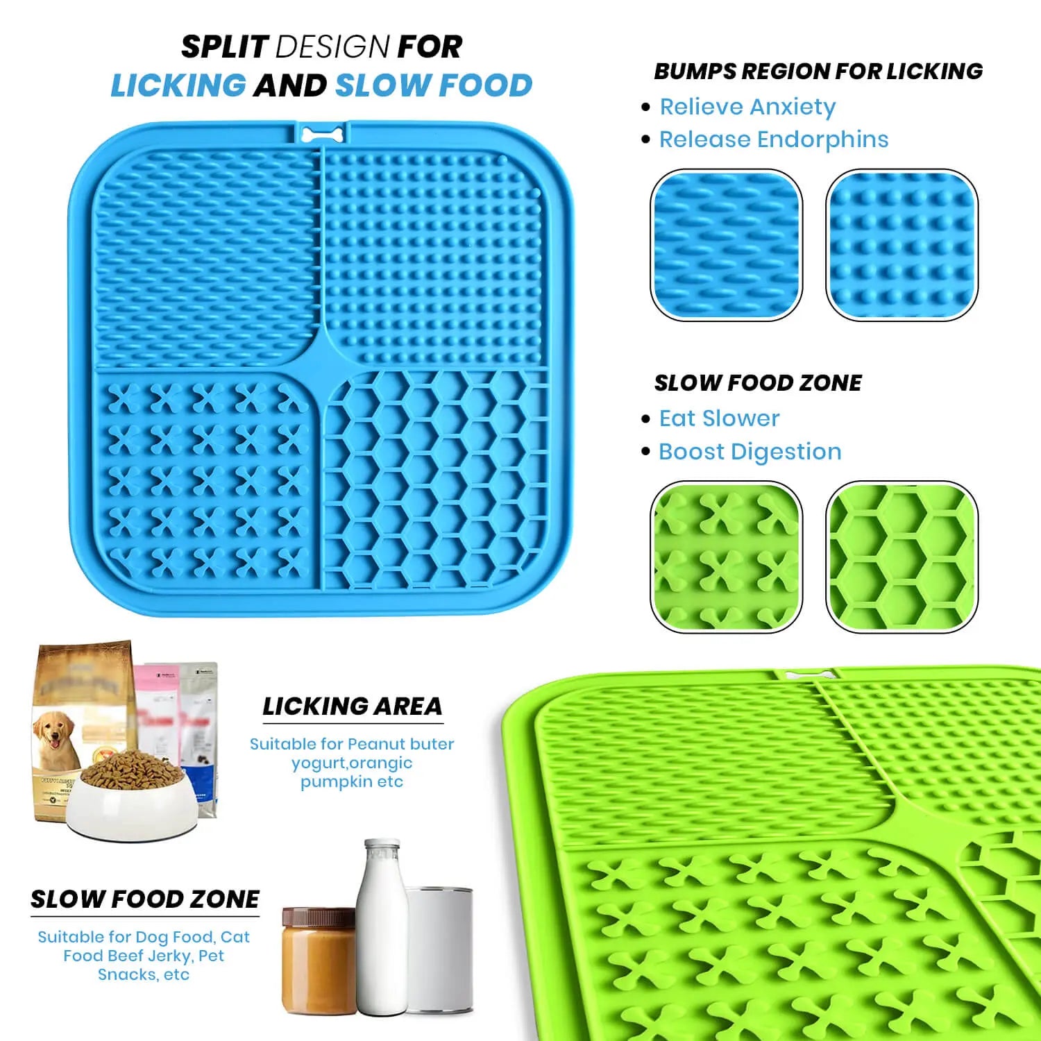 Devogue Lick Mats for Dogs & Cats - 2 Pack Licking Pad with Suction Cups for Dog Anxiety Relief, Slow Feeder Dog Bowls, Perfect for Bathing Grooming and Training (Green/Blue + Spatula & Brush) Devogue