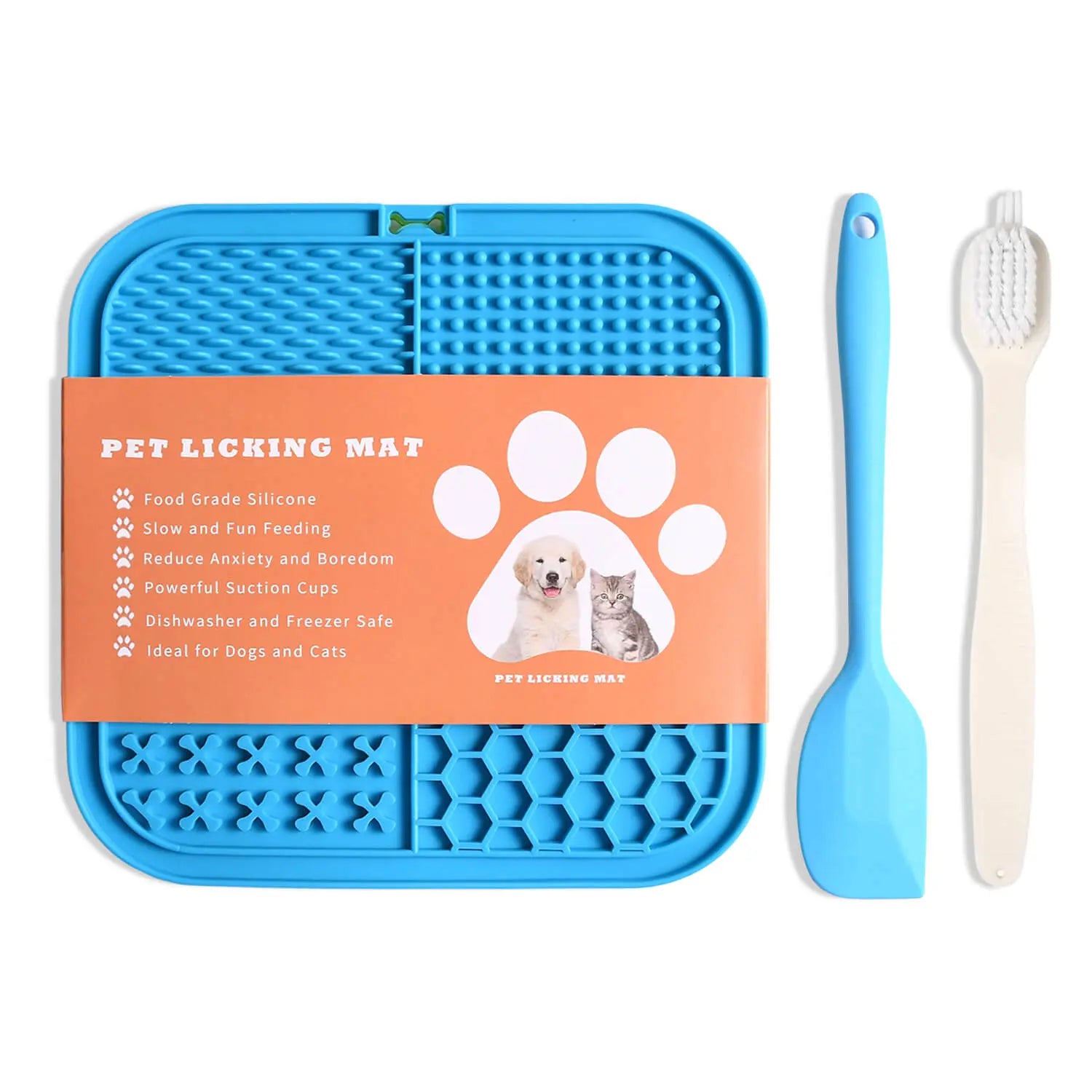 Devogue Lick Mats for Dogs & Cats - 2 Pack Licking Pad with Suction Cups for Dog Anxiety Relief, Slow Feeder Dog Bowls, Perfect for Bathing Grooming and Training (Green/Blue + Spatula & Brush) Devogue