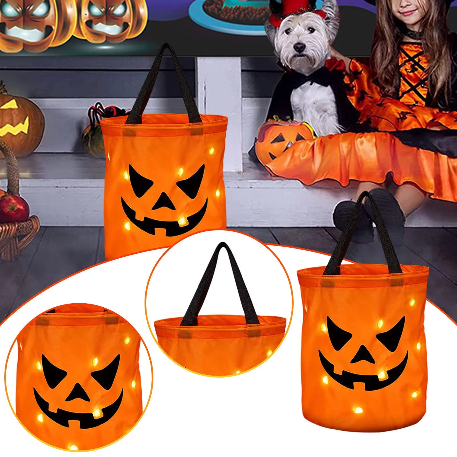 Halloween Candy Bags with LED Light Trick or Treat Bags Halloween Party Bags with Grimace Multipurpose Reusable Bucket