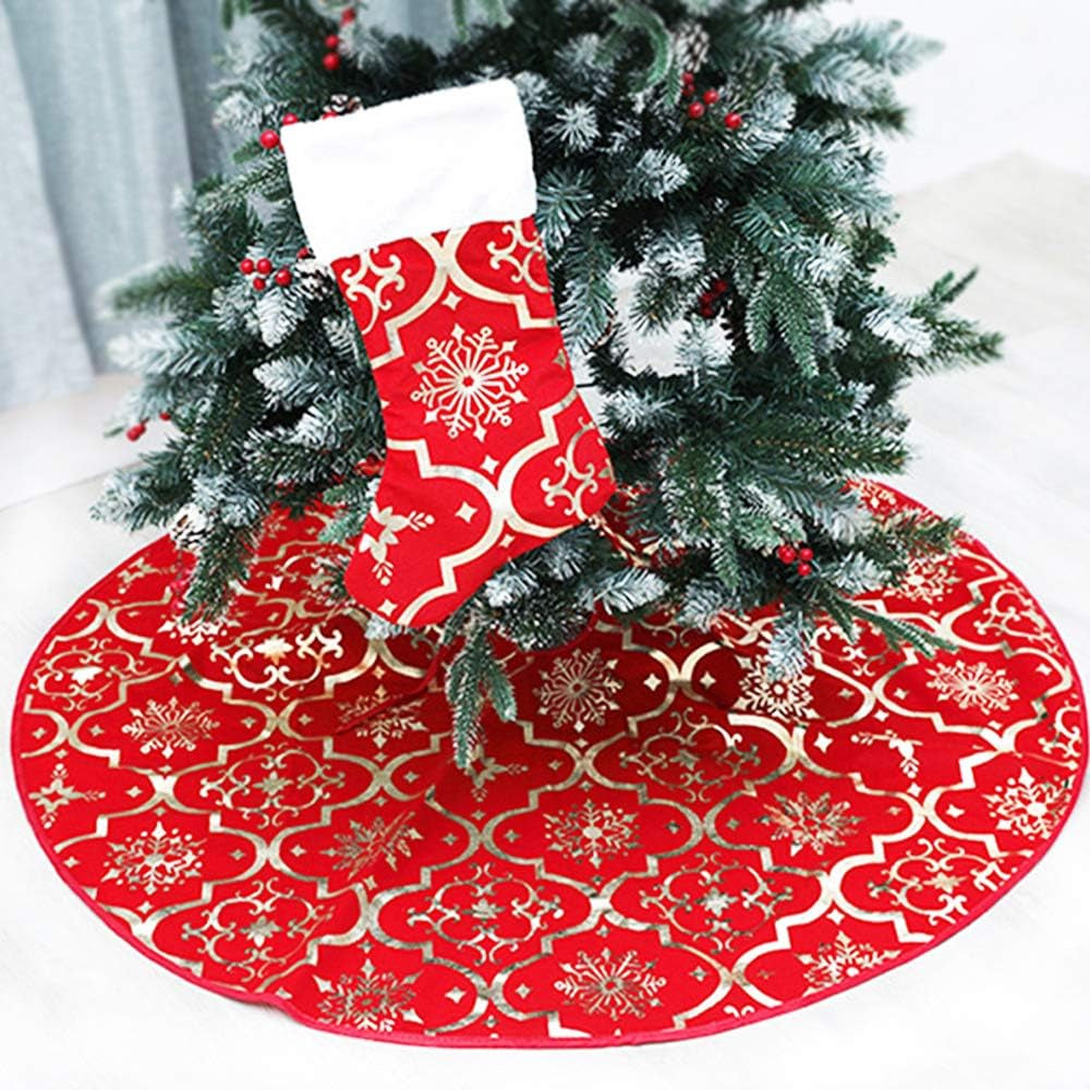 Yellow Christmas Tree Skirt, 48 Inches Large Red Flannel Tree Mat with Gilded Christmas Patterns Skirt for Xmas Tree Holiday Party Decorations Indoor Outdoor with 1 Christmas Stocking (Yellow)