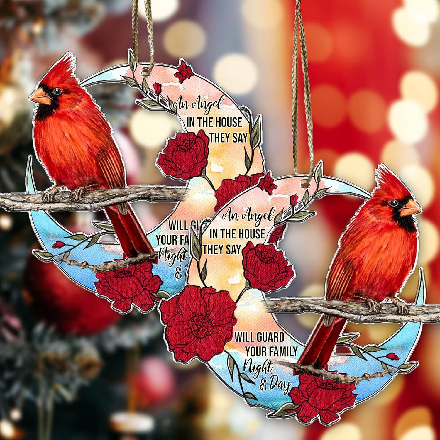 Cardinal Christmas Tree Ornaments Father'S Day - Birthday Gifts - an Angel in the House They Say Will Guard Your Family Night and Day Red Bird Xmas Memorial Gift - Car Hanging Ornament