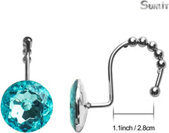 Luxury Design round Teal Blue Diamond Crystal Gem Bling with Glide Balls Shower Curtain Hooks for Mermaid Shower Curtains, Rust Proof Metal Rhinestones Glam Shower Curtain Rings-12 Pack