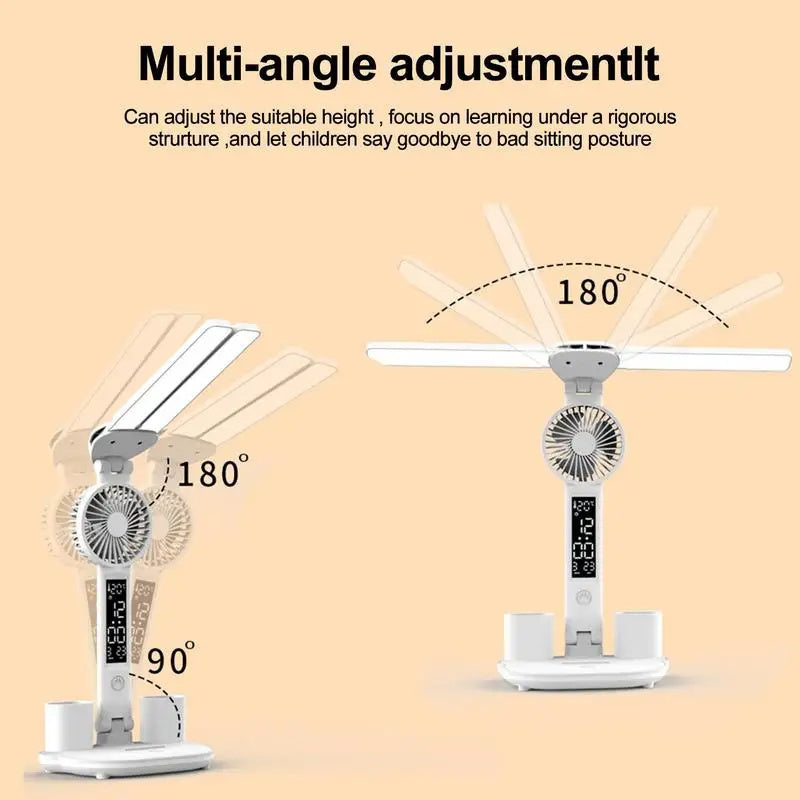 Foldable LED Table Light Eye Protection Multifunction Desk Lamp With Thermometer Calendar Fan Pen Holder Study Reading Fan Light Devogue