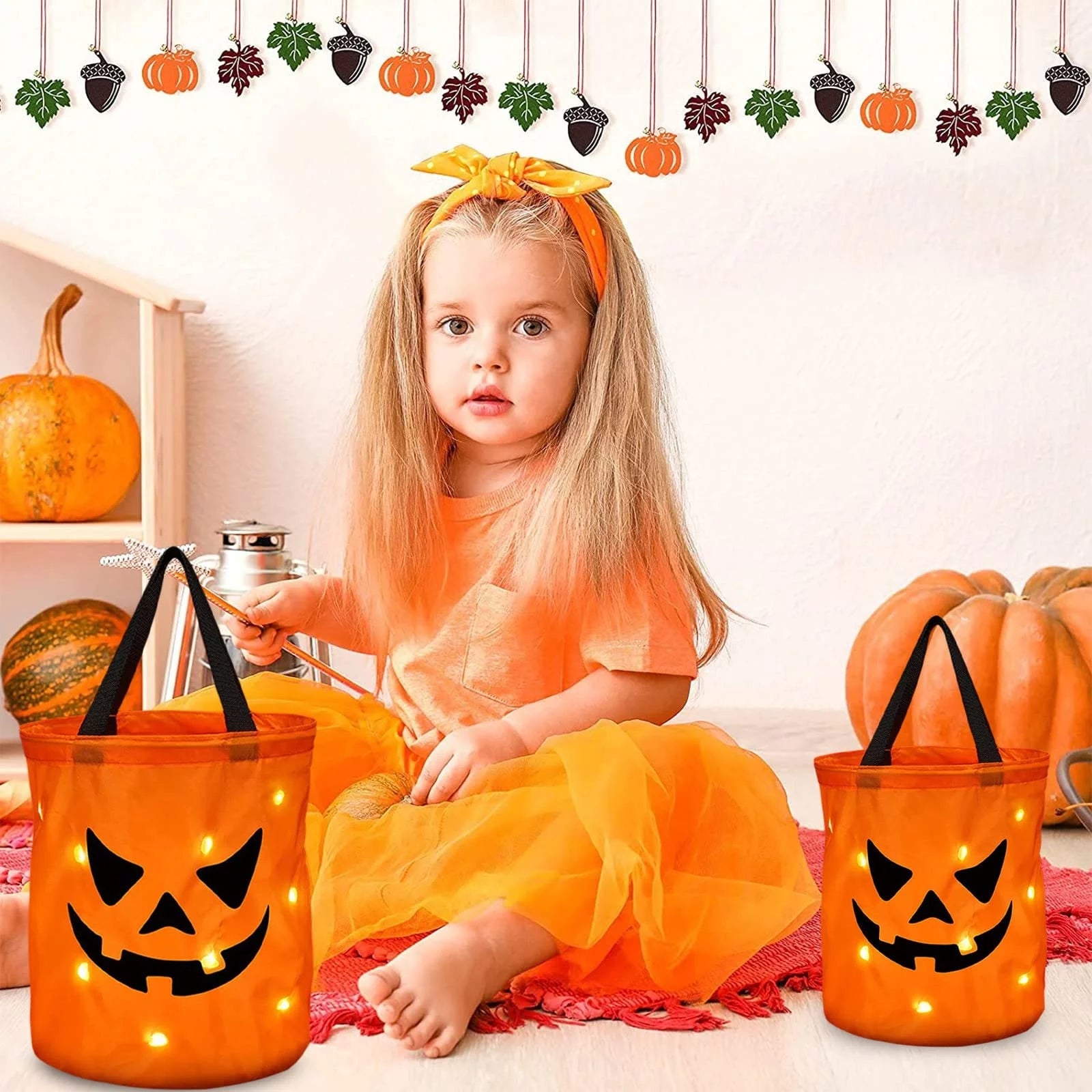 Halloween Candy Bags with LED Light Trick or Treat Bags Halloween Party Bags with Grimace Multipurpose Reusable Bucket