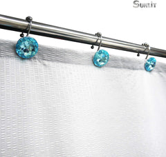 Luxury Design round Teal Blue Diamond Crystal Gem Bling with Glide Balls Shower Curtain Hooks for Mermaid Shower Curtains, Rust Proof Metal Rhinestones Glam Shower Curtain Rings-12 Pack